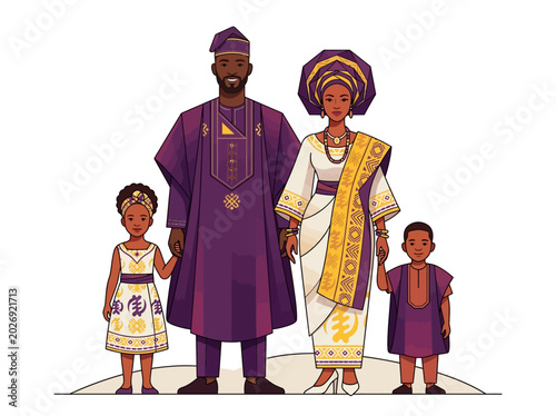 Foto African Nigerian Family in Traditional Yoruba Agbada and Gele Attire Illustratio