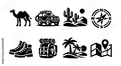Collection of travel and adventure icons for desert and tropical destinations