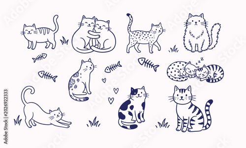 Quadro su tela Various Cute Hand-Drawn Doodle Cats Poses and Styles with Fish Bones and Hearts