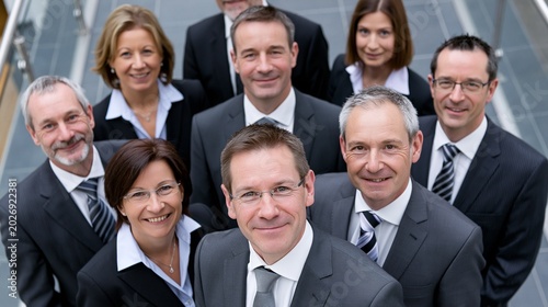 Eine Gruppe von neun Berufstätigen in formeller Kleidung posiert auf einer Treppe für ein professionelles Teamfoto.