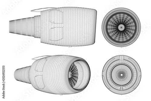 Detailed 3D wireframe model of a jet engine reveals intricate turbine components and mechanical blueprint features.