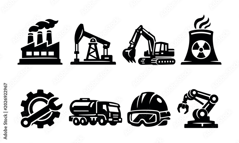 Naklejka premium Industrial icons representing manufacturing, energy, construction, and technology sectors