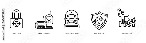 Child Safety and Protection System icon illustration. Child Lock, Baby Monitor, Child Safety Kit, Childproof and Kid’s Guard 