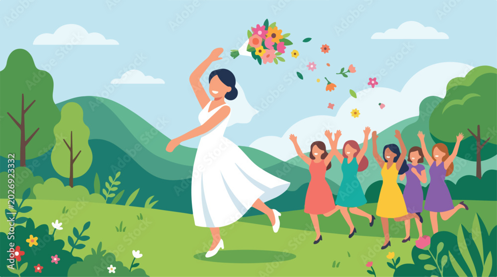 Fototapeta premium Happy bride tossing flower bouquet to bridesmaids vector illustration. Flat design wedding ceremony with bride and friends in beautiful outdoor mountain landscape.