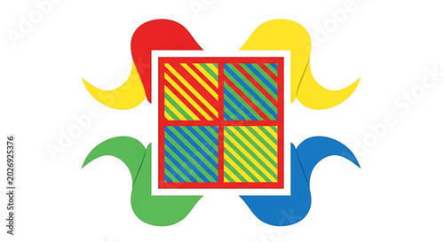 Vibrant of a gift box with rainbow stripes and yellow bow on blue background, ribbon