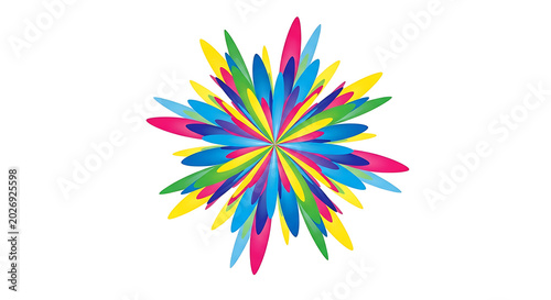 Vibrant radial burst with multicolored rays on white background, colorful