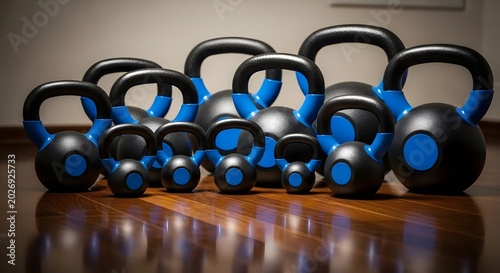 A neatly arranged collection of black and blue kettlebells in various sizes on a polished wooden floor, ready for an intense workout session