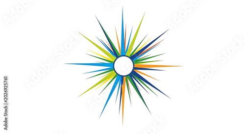 Vibrant yellow sunburst with blue rays, minimalist