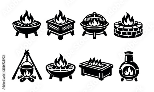 Photos Collection of diverse outdoor fire pit and grill icons with flames