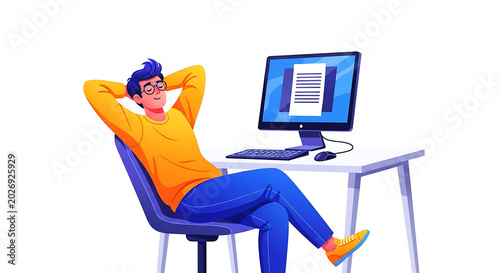 Woman in orange dress sitting at desk with laptop and coffee cup