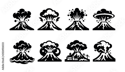 Bild auf Leinwand Collection of stylized volcano eruption icons with different elements and scenar