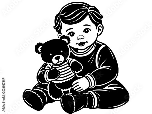 Baby holding teddy bear sitting on neutral white background