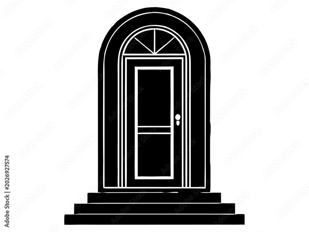 Fototapeta premium Arched door closed with steps on raised entrance platform