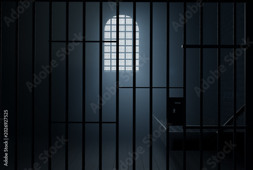 Obraz na płótnie 3D Rendering of old prison cell behind the bars