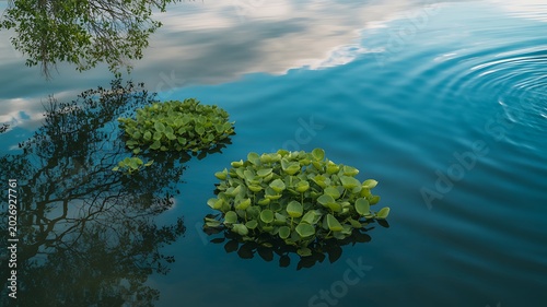 Serene view of still water with floating aquatic plants and reflecting tree branches creating natural beauty.