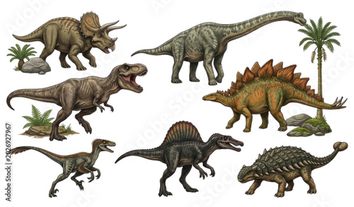 Photos Dinosaur illustrations various species in prehistoric landscapes