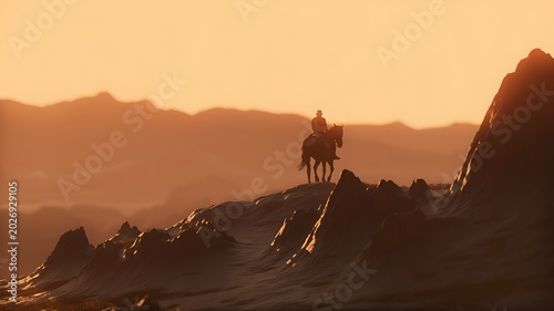Silhouette of a lone cowboy riding horseback across a rugged mountain landscape bathed in golden sunset light