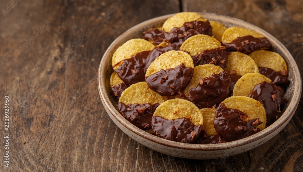 Fototapeta premium Chocolate Dipped Potato Chips on Rustic Ceramic Plate Close-Up, Unique Flavor Contrast