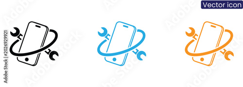 Vector icons of smartphone with wrench on white background for repair and maintenance concepts