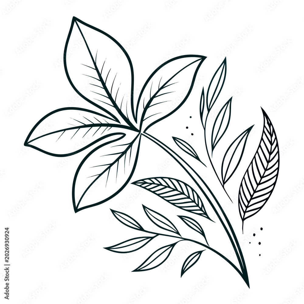 Fototapeta premium floral arrangement line art illustration with leaves and stem on white background