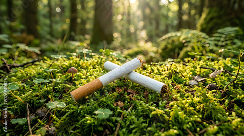 Cigarette butts lying on green forest moss ground