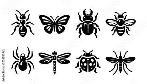 Fotografía Collection of eight stylized insect and arachnid icons in black and white
