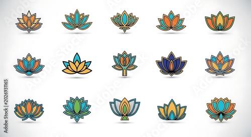 Colorful Lotus Flower Icon Set Arranged on White Background