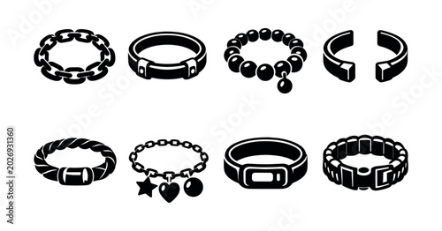 Obraz na płótnie Collection of diverse bracelet and collar icons in black and white