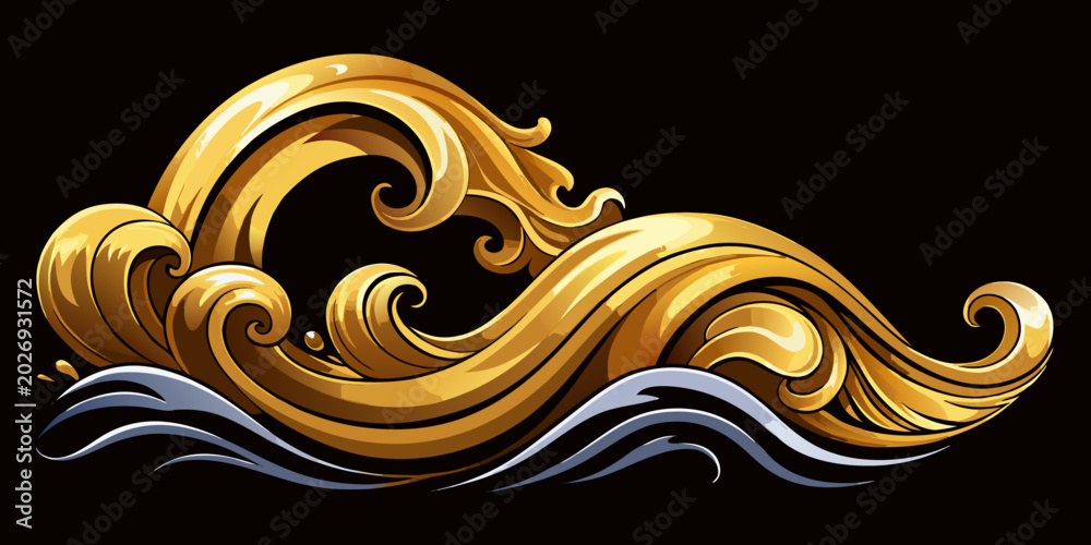 Fototapeta premium Ornate golden baroque style decorative waves, vector
