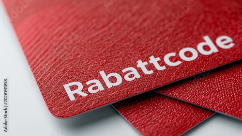 rote strukturierte Karten mit weißem Schriftzug „Rabattcode