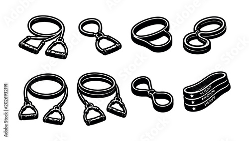 Schilderij op canvas Collection of resistance bands and exercise equipment for fitness training