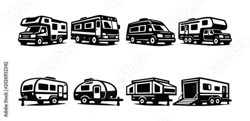 Принти на полотні Stylized line art of various camper vans and trailers for outdoor enthusiasts