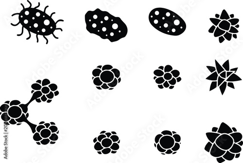 virus and cell icons black silhouettes on white background