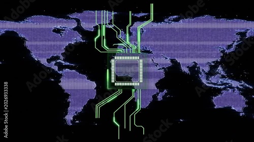 Neon-green reticle pulsing, microchip hub expanding and sending traces, mapping global network
