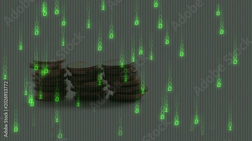 Falling green binary digits starting rain, coin stacks forming and growing, showing digital wealth