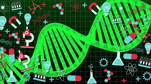 red-white lab icon appearing neon DNA helix uncoiling sweeping right icons popping showing research