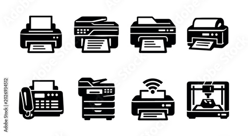 Bild auf Leinwand Collection of modern office and home printing and scanning device icons