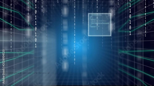 Scanlines sweeping, revealing wireframe HUD panels while binary streams falling, showing data flow