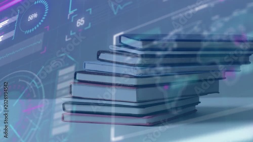 On activation HUD appearing left of notebook stack, panels sliding, metrics rising, showing data