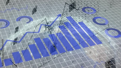 On play 3D data viz animating on grid, bars rising, line climbing, pie rotating showing trends