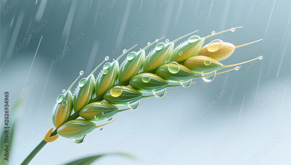 Fototapeta premium Raindrops on wheat ears for Xiaoman solar term agricultural scene