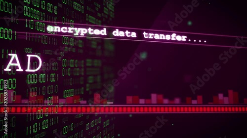 Encrypted text appearing, ADMINISTRATOR label glitching letters, bar pulsing, indicating transfer