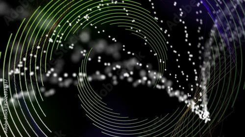Particle surge initiating motion, green arcs forming spiral, dotted streams focusing, showing flow