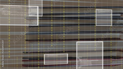 Grid aligning, digital streaks and binary columns appearing over notebook stack, visualizing data