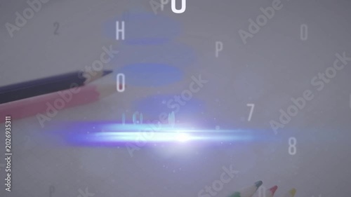 Glyph layer appearing, glyphs drifting and lens flares sweeping while pencils shifting showing art