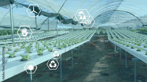 Hydroponic greenhouse sensing conditions, hex icons appearing, annotating beds and tracking metrics