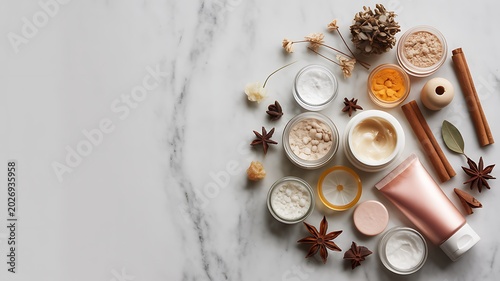 Top-down view of beauty products including creams powders spices and natural elements on marble surface