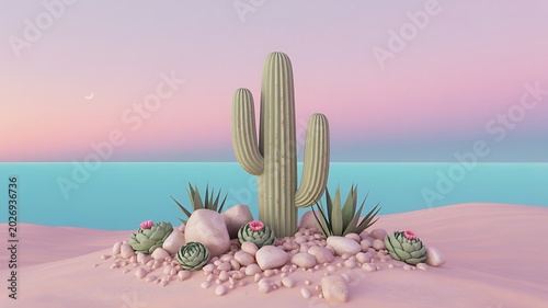 Tranquil desert landscape featuring a central saguaro cactus, succulents, rocks, and an ocean backdrop under a gradient sunset.