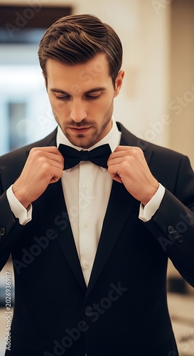 Elegant Young Man Adjusting Black Bow Tie in Formal Indoor Setting