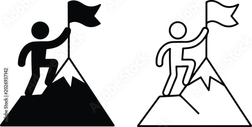 Mountain Peak Achievement Icon Set: Person Planting Flag in Filled and Outlined Styles.